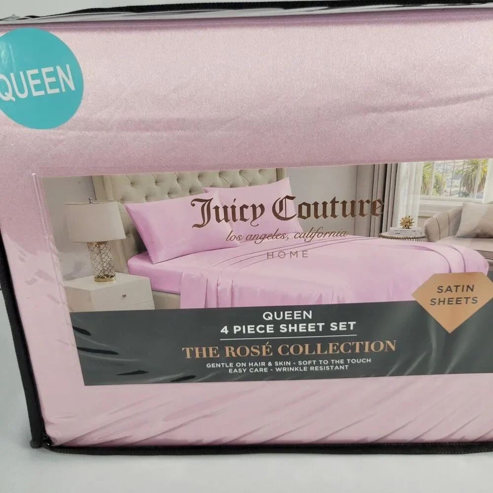 Juicy Couture Pastel Pink Satin 4pc QUEEN Sheets Set Easy Care Sleek Smooth Soft